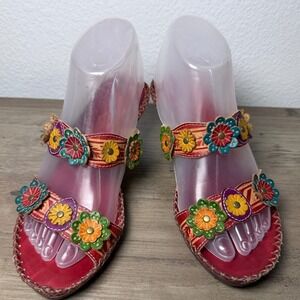 Spring Step D-Ambrosiada Red Leather Floral Slide Sandals Boho‎ Heels Womens 38